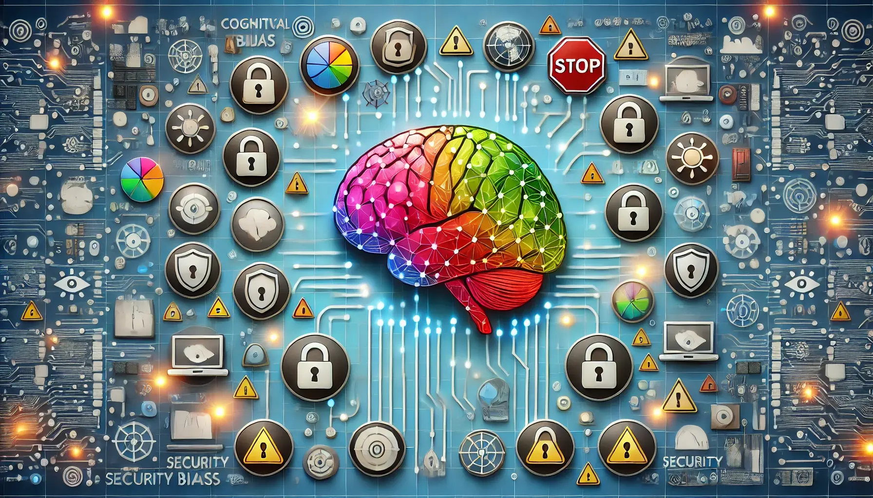 Representasi visual dari bias kognitif dalam keamanan siber, dengan simbol otak dan ikon gembok yang terbuka, menunjukkan bagaimana keputusan yang salah dapat menyebabkan kebocoran keamanan