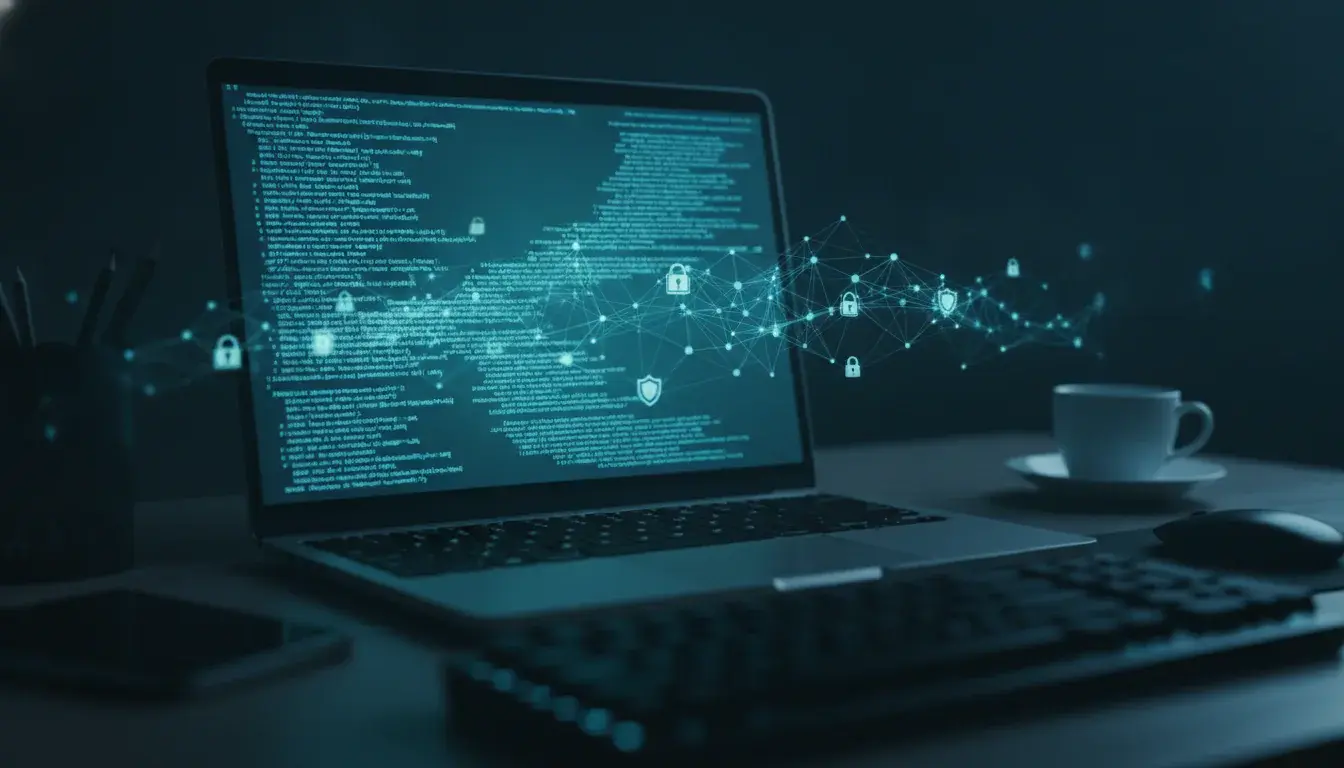 Ilustrasi framework eksploitasi Metasploit: layar laptop menampilkan jaringan node bercahaya dengan motif gembok dan perisai keamanan siber.