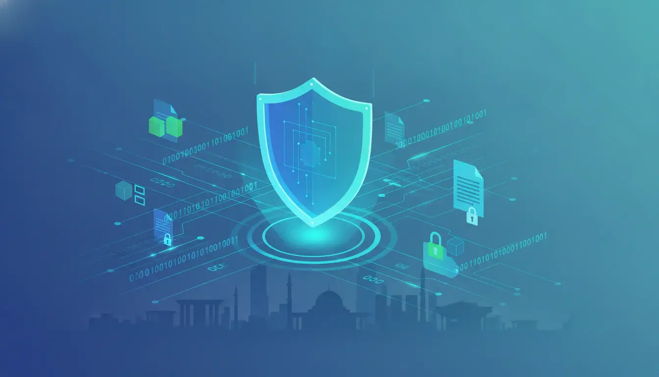 Malaysia PDPA compliance concept: a digital shield protecting data streams with Putrajaya government architecture in the background