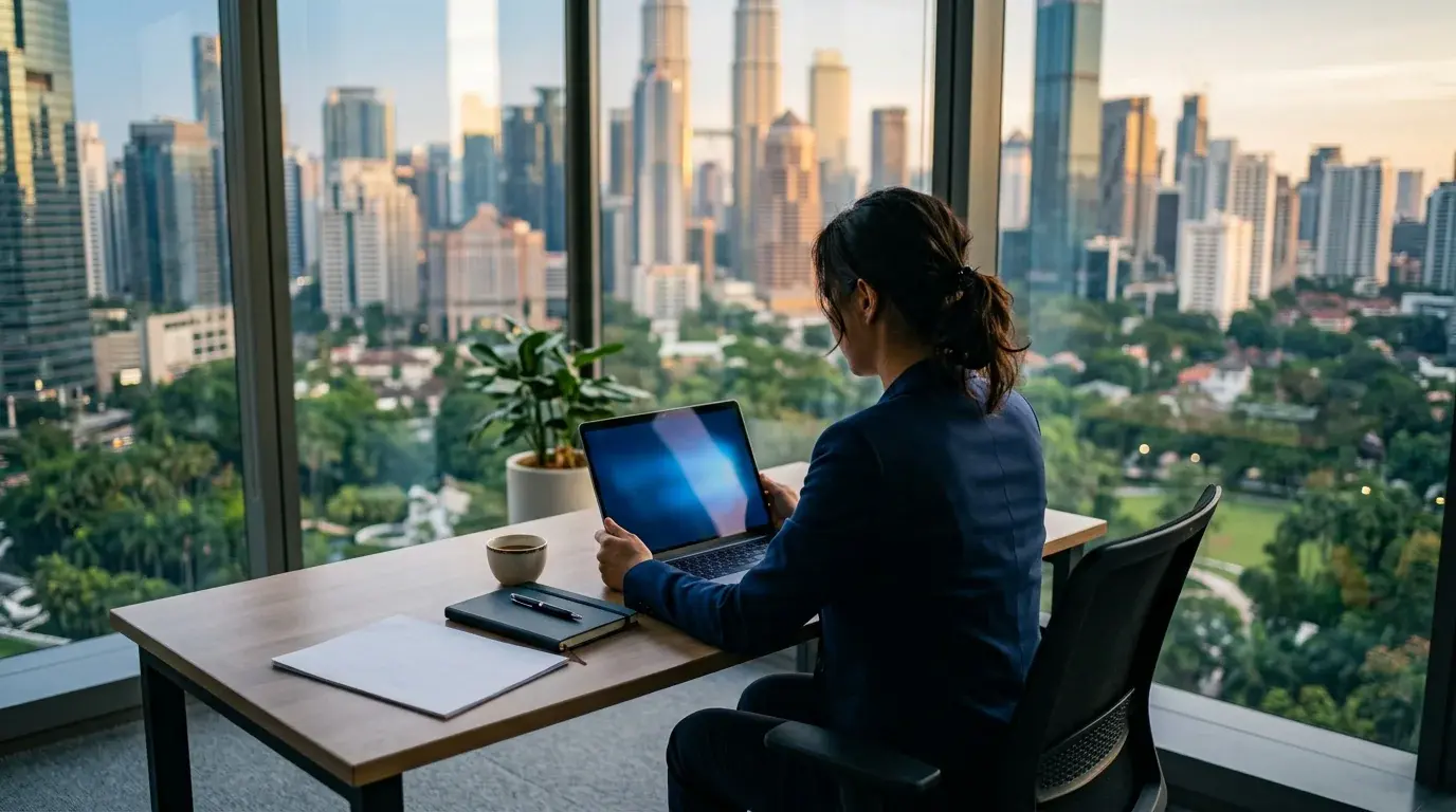 Compliance officer reviewing Malaysia cyber security regulation requirements on a laptop in an office