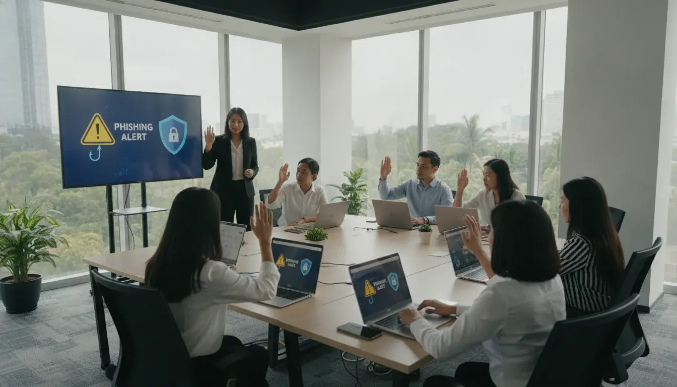 Employees attending cybersecurity awareness training for employees in a Malaysian office