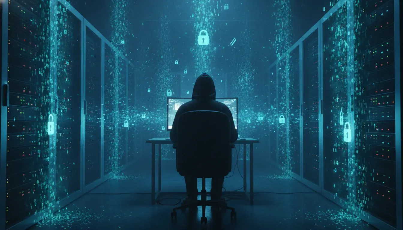 Hooded figure stealing data from a server room, illustrating dark web black markets and stolen data