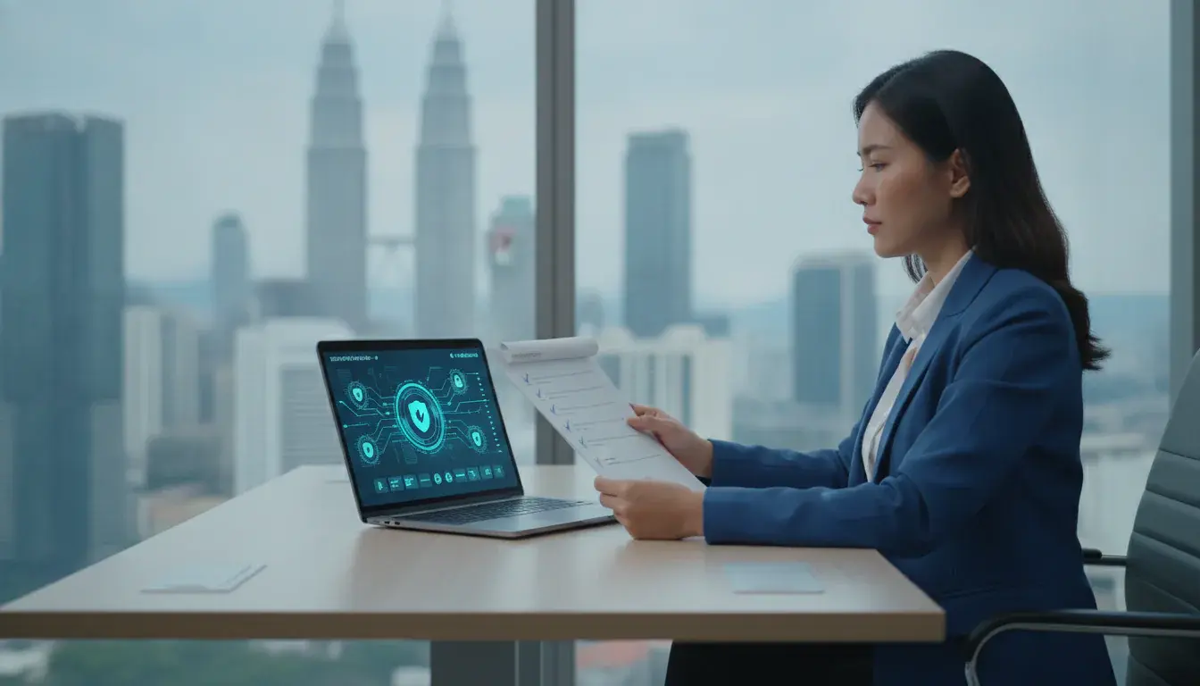 Compliance officer reviewing a PDPA compliance Malaysia checklist on a laptop in a Kuala Lumpur office.