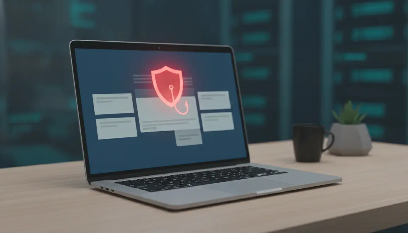 Phishing email examples on a laptop screen showing scam warning signs