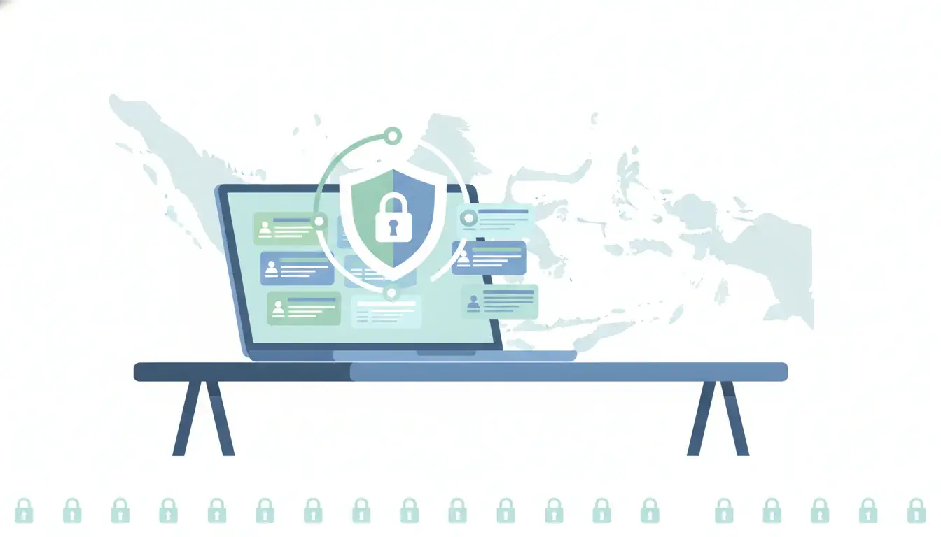 Ilustrasi konsep UU PDP dan kepatuhan data bisnis: dokumen data pelanggan terlindungi gembok digital di meja kantor