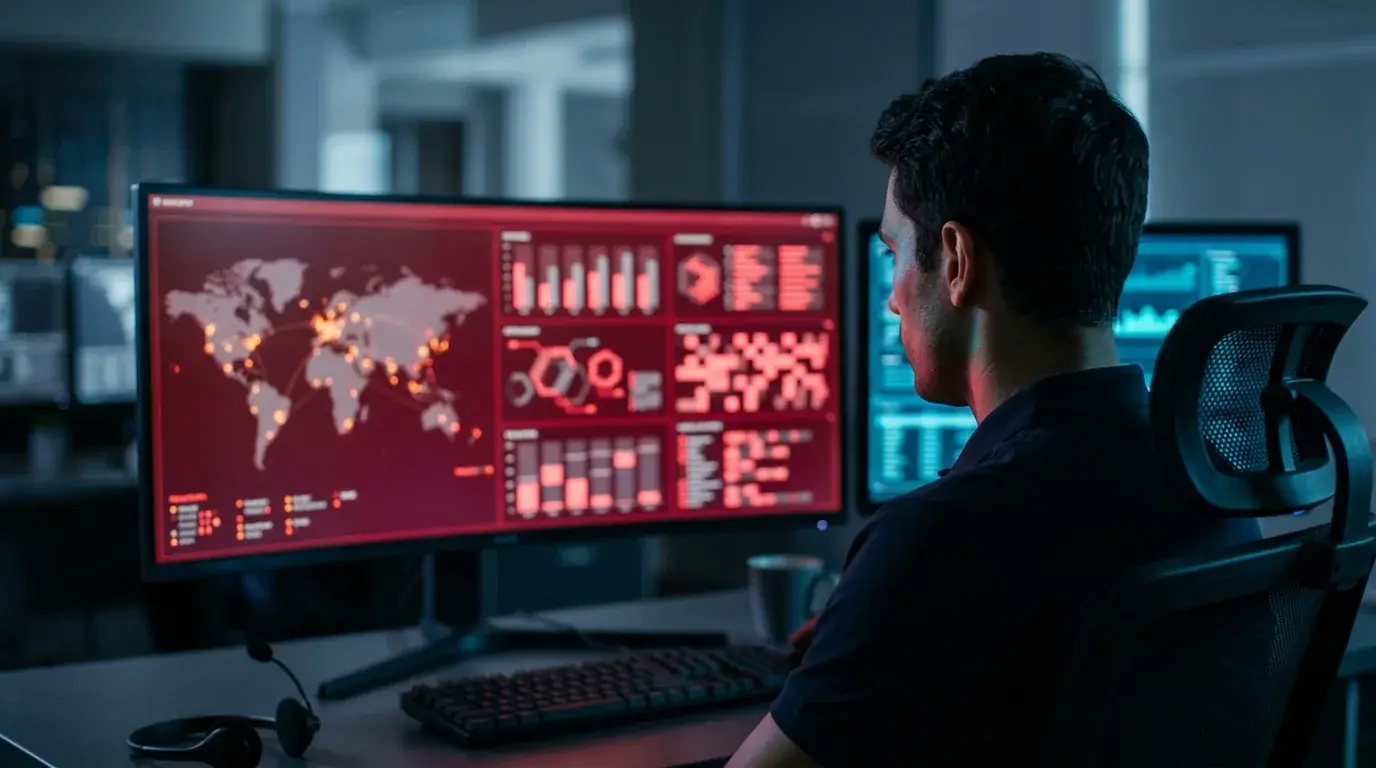Security analyst reviewing a dark web leak alert showing exposed employee credentials